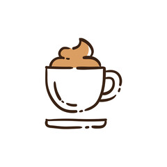 Coffee with cream line doodle. Hot drink mug of frappe and milk ice-cream symbol. Outline style hand drawn pictogram.