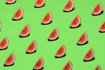 3D rendered green background with slice of watermelon arranged into an isometric pattern.