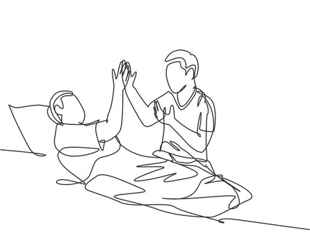 Single Line Drawing Of Son Take Care Of His Sick Father At Hospital And Should Be Take A Bed Rest And Give High Five Gesture. Medical Healthcare Concept Continuous Line Draw Design Vector Illustration