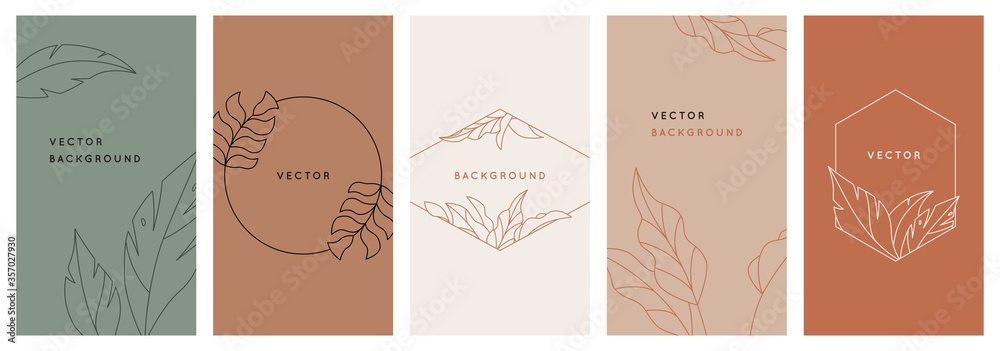 Poster vector design templates in simple modern style with copy space for text, flowers and leaves - weddin