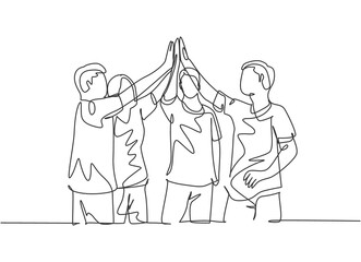 One line drawing group of man and woman celebrating their successive goal with high five gesture together. Business meeting deal concept continuous line draw design vector illustration