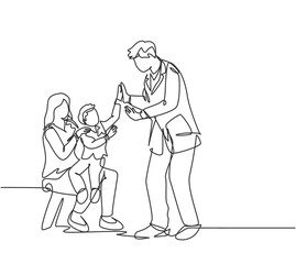 Single line drawing of young happy father visited by his son and wife at office then giving high five gesture. Parenting care concept. Modern continuous line graphic draw design vector illustration