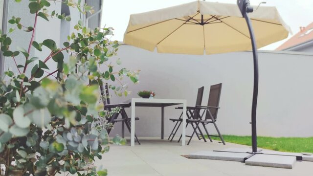 Cozy modern terrace with table and sunshade and eucalyptus bush on foreground