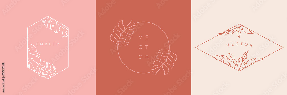 Aufkleber vector design templates in simple modern style with copy space for text, flowers and leaves - weddin