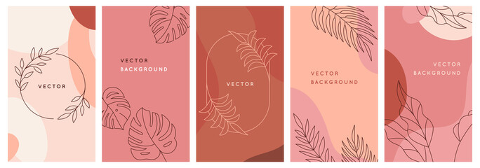 Vector design templates in simple modern style with copy space for text, flowers and leaves - wedding invitation backgrounds and frames, social media stories wallpapers, greeting card designs © venimo
