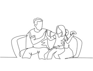 Single line drawing of father and daughter sitting on couch playing console video game together and giving high five gesture. Parenting concept continuous line draw design graphic vector illustration