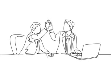 One line drawing of businessmen celebrating their successive target at the business meeting with high five gesture. Business deal concept continuous line draw design graphic vector illustration
