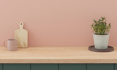 Minimal kitchen interior mock up design for product presentation background or branding concept with green counter bright wood top and pink wall include vase with plant chopping block and glass 