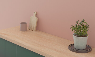 Minimal kitchen interior mock up design for product presentation background or branding concept with green counter bright wood top and pink wall include vase with plant chopping block and glass