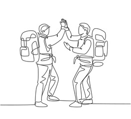 One line drawing of two young happy tourist carrying backpack to go to holiday and gives high five gesture. Backpacker traveling concept continuous line graphic draw design vector illustration