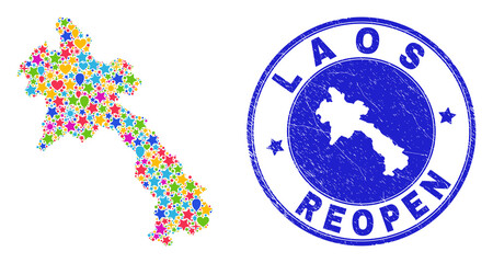 Celebrating Laos map mosaic and reopening rubber stamp. Vector mosaic Laos map is created of scattered stars, hearts, balloons. Rounded rough blue stamp imprint with scratched rubber texture.