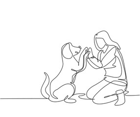 One line drawing of young happy woman squat then giving high five gesture to his dog at outfield park as friendship symbol. Pet care concept. Modern continuous line draw design vector illustration