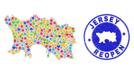Celebrating Jersey Island map mosaic and reopening rubber stamp seal. Vector mosaic Jersey Island map is done with randomized stars, hearts, balloons.