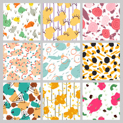 Big Collection set of abstract backgrounds. Beautiful multicolor seamless pattern. Different geometric or abstract shapes. Hand drawn design for textile, fabric, wallpaper. Stock vector illustration.