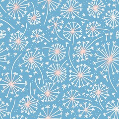 Stylized dandelions seamless pattern with white lines on pastel blue background. Minimal flat  illustration in doodle style for fabric and fashion design with textures