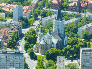 Wroclaw, Poland, May 28, 2017, aerial photo of Wroclaw's st Karol Boromeusz Church. - obrazy, fototapety, plakaty