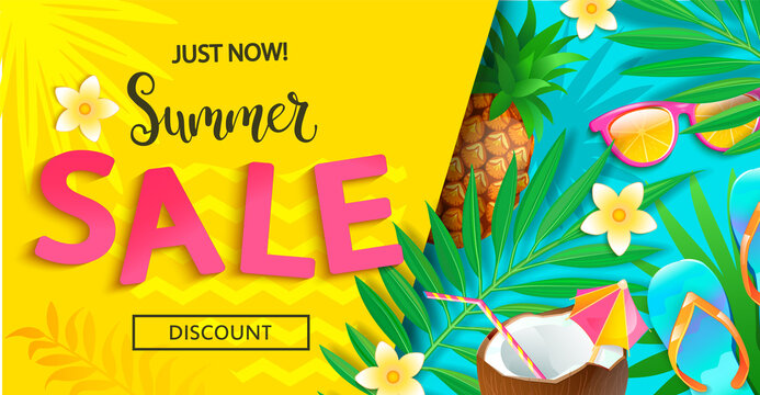 Bright sale banner for summer 2020 on geometric background.Just now big discounts.Invitation to shopping.Card with pineapple,cocktail,tropical leaves,sunglasses.Template for design.Vector Illustration