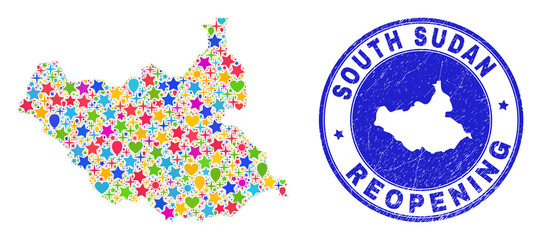 Celebrating South Sudan map mosaic and reopening grunge seal. Vector mosaic South Sudan map is constructed from scattered stars, hearts, balloons. Rounded crooked blue seal with grunge rubber texture.