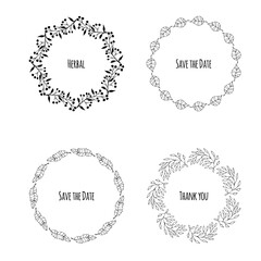 Vector set of floral wreaths. Hand drawn doodles. Flowers and laurels. Hand drawn vintage plant wreath set with place for your text