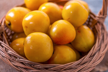 Naklejka na ściany i meble Tasty and healthy berry. Fruit season. Fruit season. Ripe apricot lying on the table.