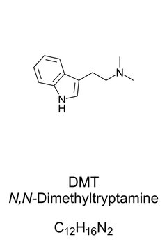 DMT, skeletal formula and structure. N,N-Dimethyltryptamine, a chemical substance and psychedelic drug in various cultures for ritual purposes as an entheogen. Structural formula. Illustration. Vector