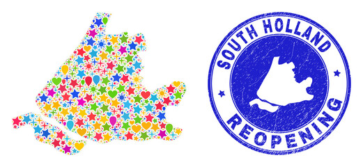 Celebrating South Holland map mosaic and reopening rubber stamp. Vector mosaic South Holland map is composed of random stars, hearts, balloons. Rounded awry blue seal with distress rubber texture.