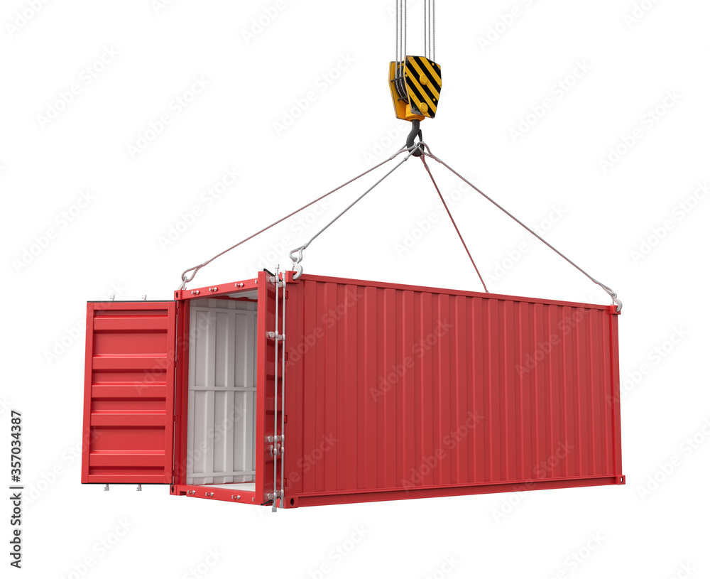 Poster 3d rendering of crane lifting open empty red shipping container isolated on white background
