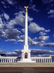 Nur Sultan Astana Monument Kazakh Eli Pillar Picturesque Frontal View on a Sunny Cloudy Blue Sky...