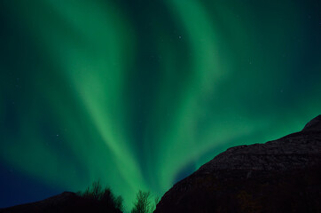 massive aurora borealis dancing on night sky over mountain in northern Norway
