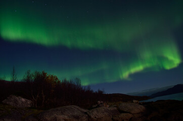 beautiful aurora borealis dancing over mountain and fjord landscape on late autumn night in northern Norway