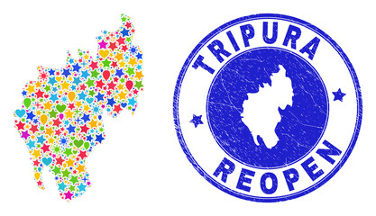 Celebrating Tripura State map mosaic and reopening grunge stamp seal. Vector mosaic Tripura State map is created of randomized stars, hearts, balloons.