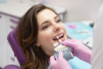 Dentist selecting tooth color from special scale for young woman.