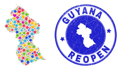 Celebrating Guyana map mosaic and reopening unclean seal. Vector mosaic Guyana map is organized of randomized stars, hearts, balloons. Rounded wry blue seal with unclean rubber texture.
