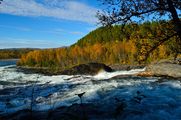 mighty waterfall in autumn with colorful forest and small rainbow created by water mist