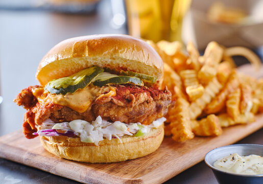 Spicy Nashville Hot Chicken Sandwich With Coleslaw And Pickles