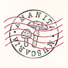 Amanita Muscaria Stamp Postal. Toxic Mushroom Silhouette Seal. Passport Round Design. Vector Icon. Design Retro Travel.