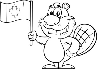 Black And White Beaver Cartoon Mascot Character Holding A Canadian Flag. Vector Illustration Isolated On White Background
