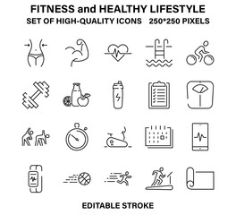 A set of simple but high-quality icons about fitness and a healthy lifestyle