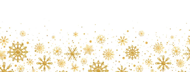 Fotobehang Golden snowflakes frame on white background. Gold falling snowflakes with different ornaments. Luxury glitter Christmas garland. Winter ornament for packaging, cards, invitations. Vector illustration © Liubov