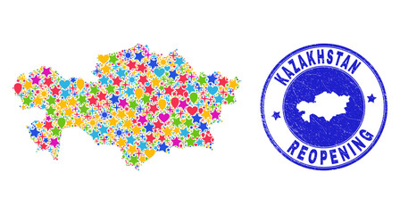 Celebrating Kazakhstan map collage and reopening rubber seal. Vector collage Kazakhstan map is constructed with random stars, hearts, balloons. Rounded wry blue watermark with grunge rubber texture.