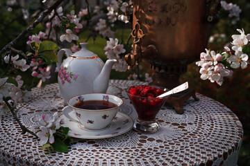 cup of tea and  apples flowers in garden 