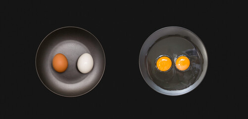 Dark and light chicken eggs and white and yolk on plates, black background. Support for equal rights of black people. The concept that everyone is the same inside.