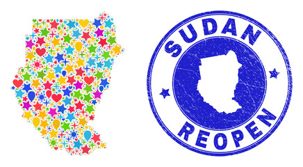 Celebrating Sudan map collage and reopening corroded stamp seal. Vector collage Sudan map is composed of randomized stars, hearts, balloons. Rounded wry blue seal with distress rubber texture.