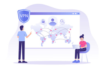 Fototapeta na wymiar VPN Service Concept. People using VPN security software in user interface. Virtual Private Network. Secure network connection and privacy protection. Isolated modern vector illustration for web banner
