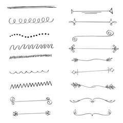 Obraz premium Ręcznie rysowane doodle pędzle do pióra. Zestaw ręcznie rysowane grunge kresek. Ręcznie robiony zestaw kresek podkreślenia. Wektor kresek w stylu grunge markera.