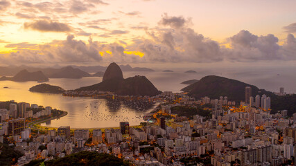 Sunrise over Rio de Janeiro looking at the bay and Sugarloaf Mountain in Brazil.