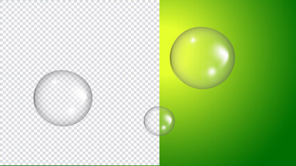 Waterdrop on green and transparent background .Glass sphere. Bubble. Vector illustration.
