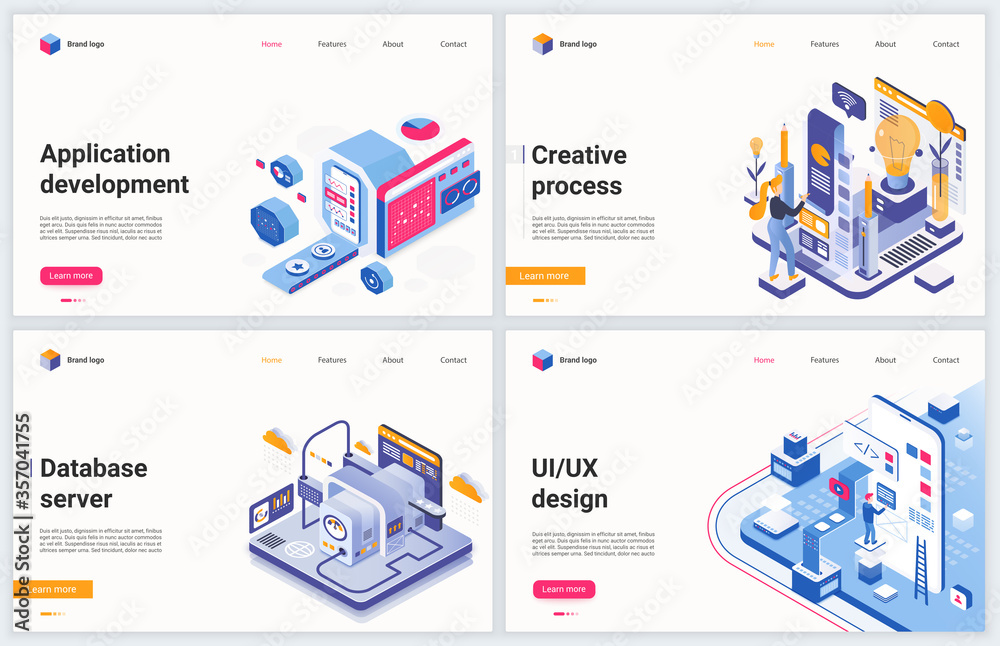 Aufkleber isometric app development technology vector illustration. creative modern concept banner set, websit