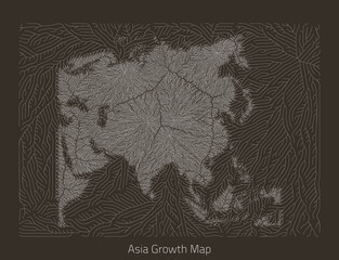 Vector Asia map. Generative growth structure in form of continent. Organic texture with geographic silhouettes.