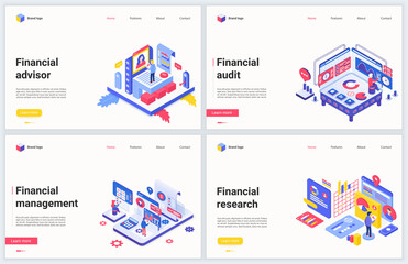 Isometric financial management, consulting vector illustration. Creative concept banner set, interface website design of cartoon 3d finance marketing technology, business expert consultation service